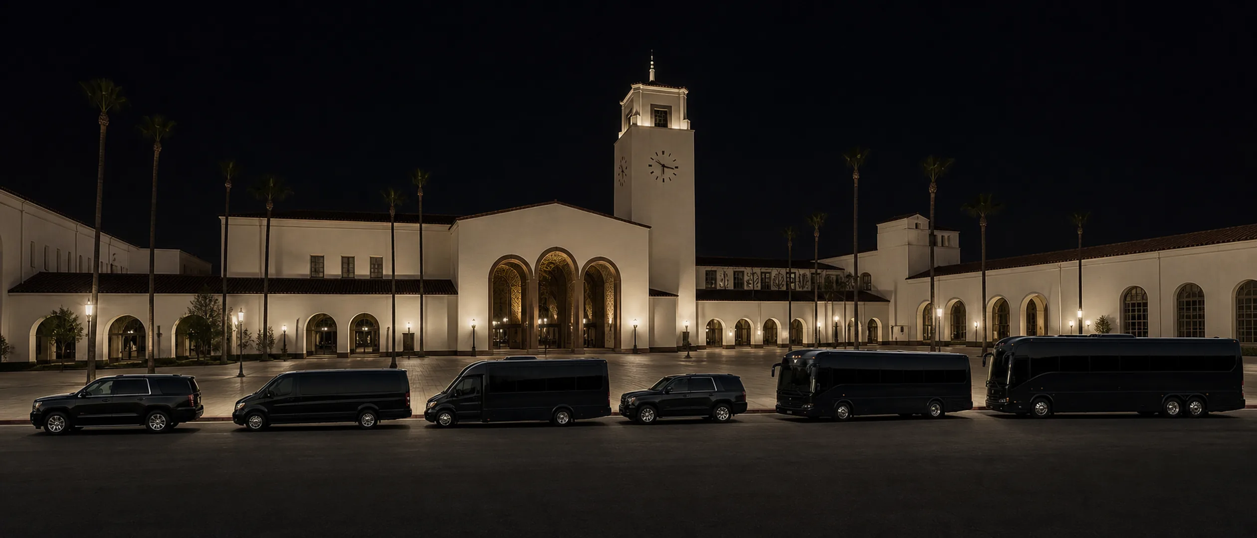 Six black vehicles stand in a straight line outside Los Angeles Union Station.