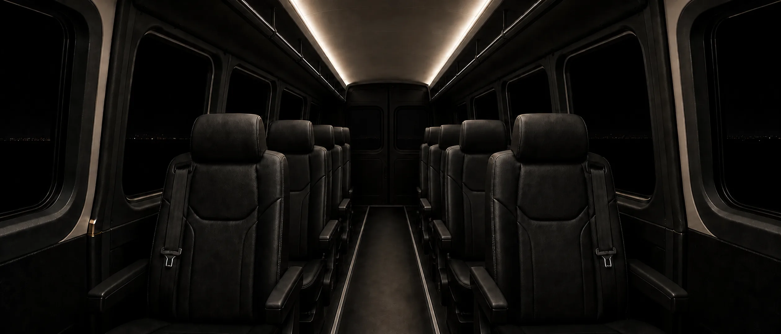 A wide view down the aisle of a high-roof passenger van at night, black leather seats on both sides and city lights visible through the windows.