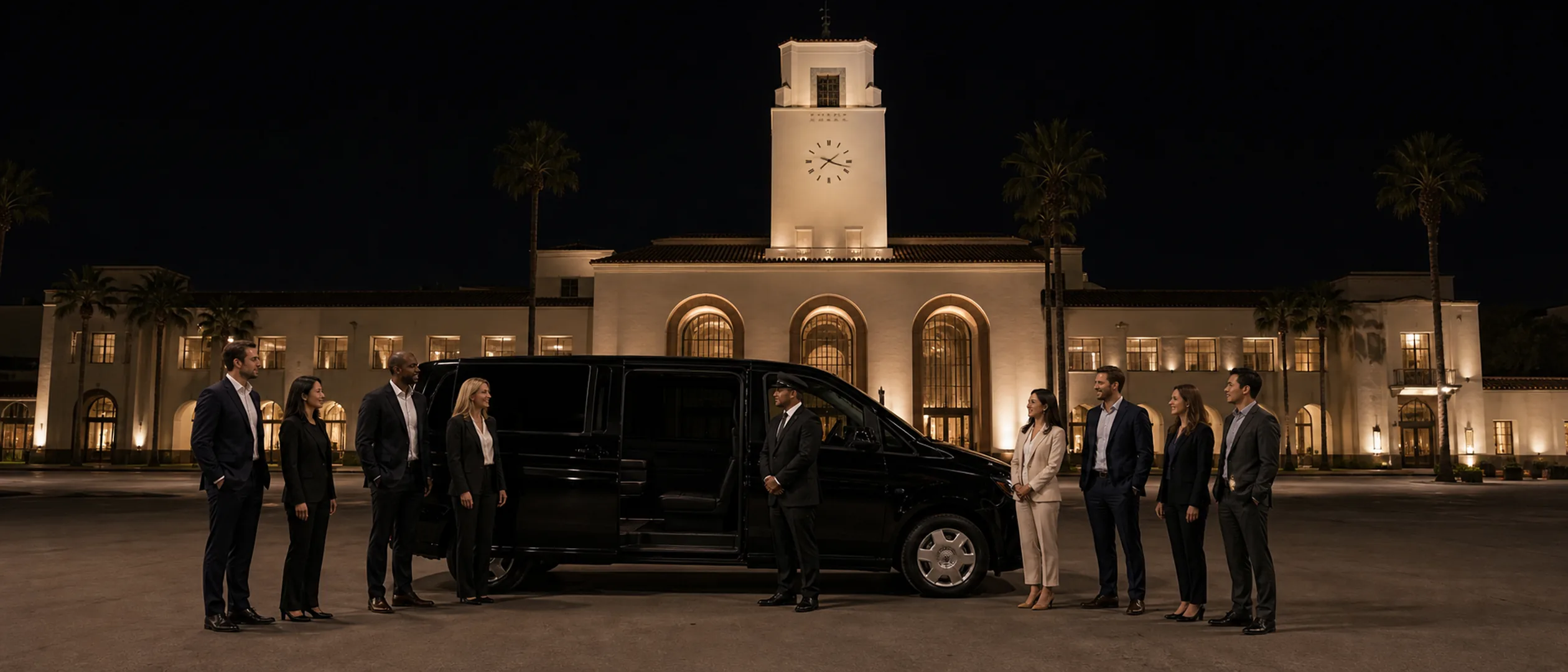 Eight colleagues meet a chauffeur beside a black passenger van outside Los Angeles Union Station.