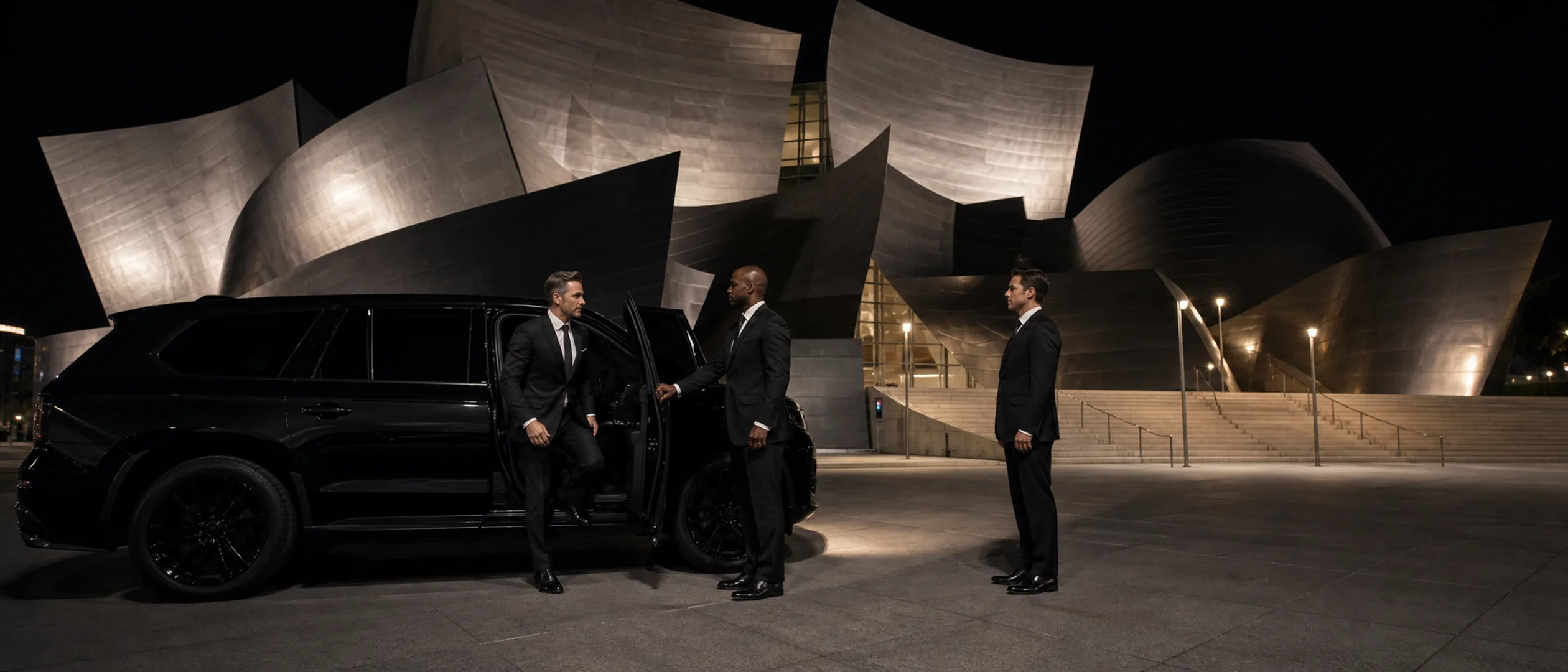 An executive passenger and colleague meet a chauffeur beside a black SUV at Walt Disney Concert Hall.