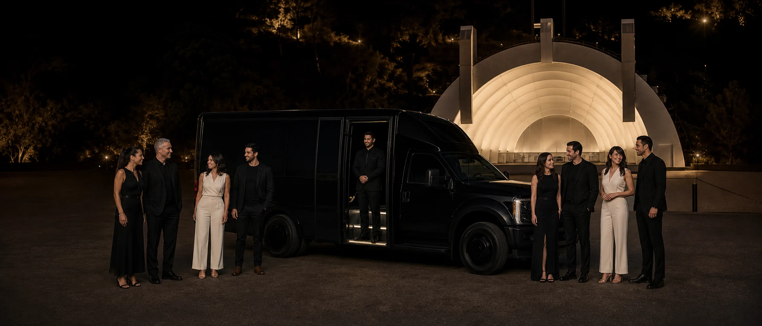 Eight travelers meet a chauffeur beside a black mini-coach at the Hollywood Bowl.