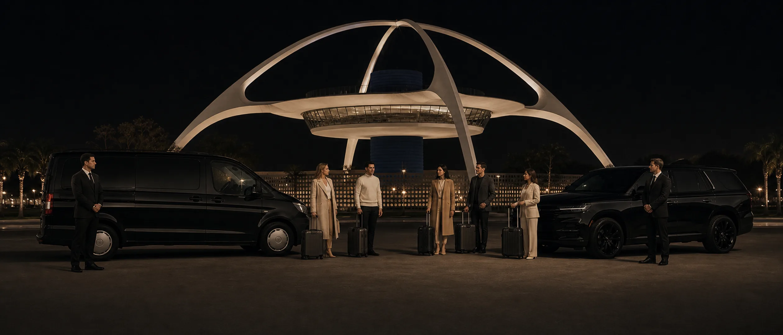 Five travelers and two chauffeurs meet beside a black van and SUV beneath the arches of the LAX Theme Building.
