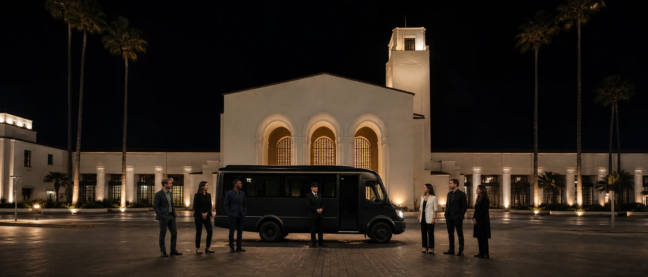 Six travelers meet a chauffeur beside a black mini-coach at Los Angeles Union Station.