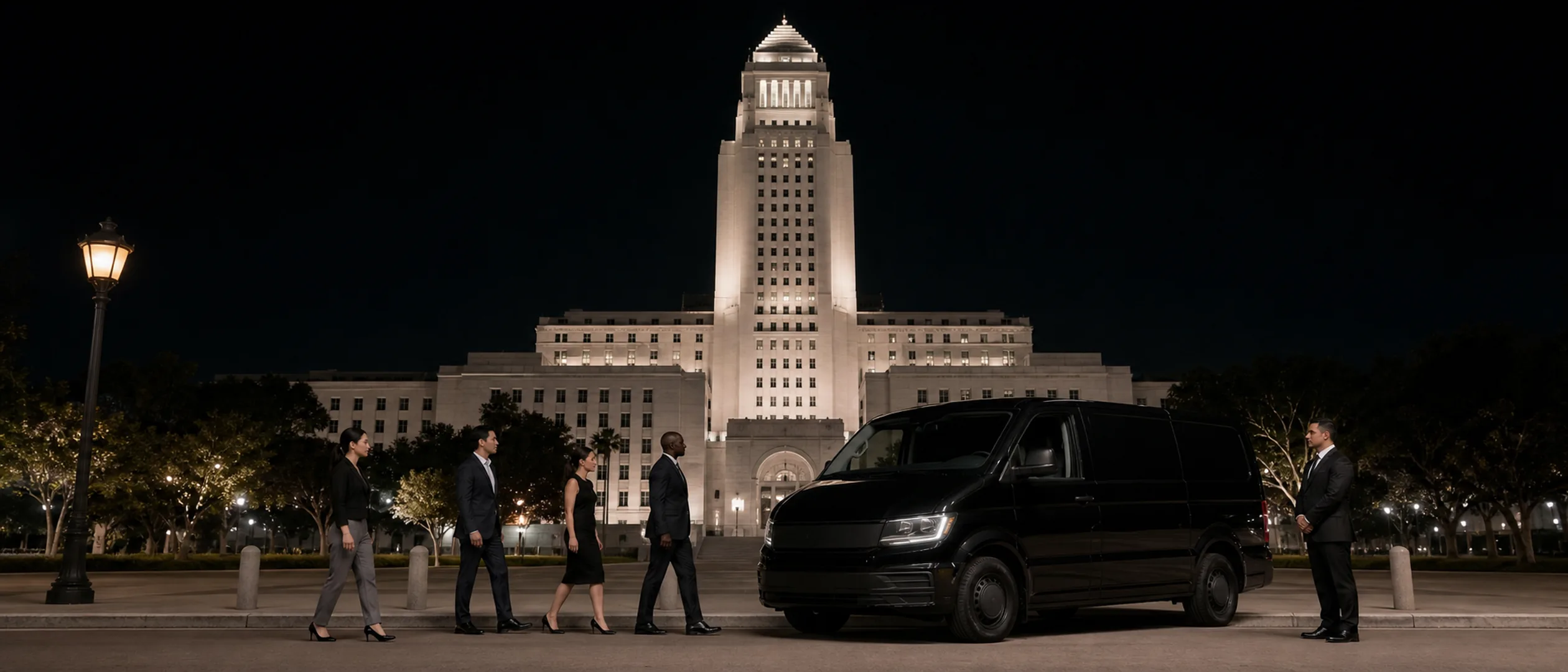 Four commuters meet a chauffeur beside a black passenger van near Los Angeles City Hall.
