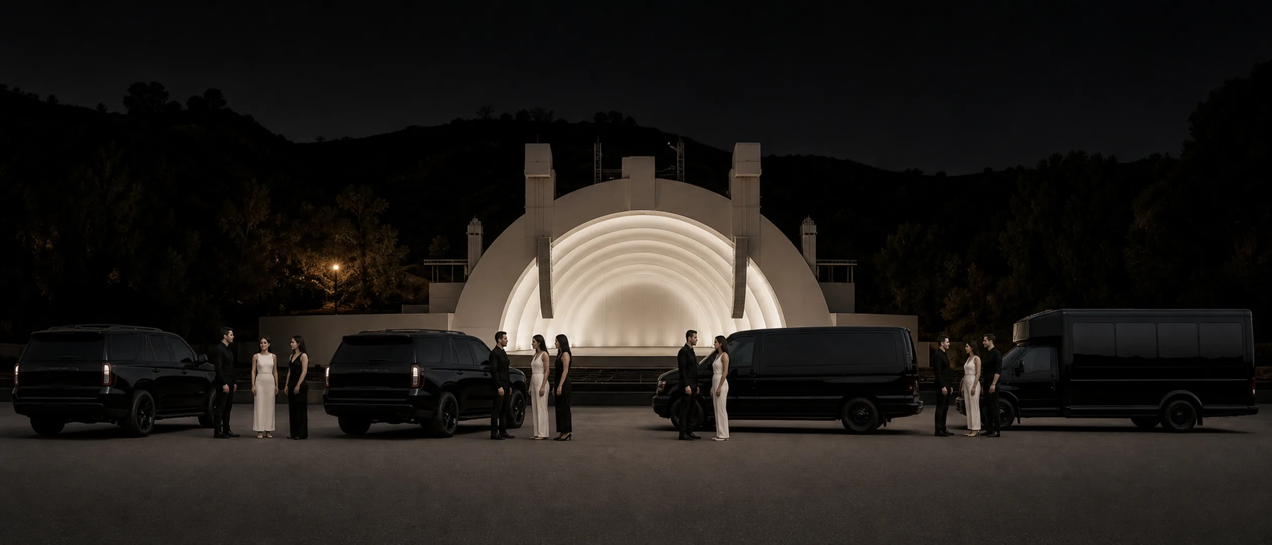 Eight event guests and four chauffeurs gather with four black vehicles at the Hollywood Bowl.