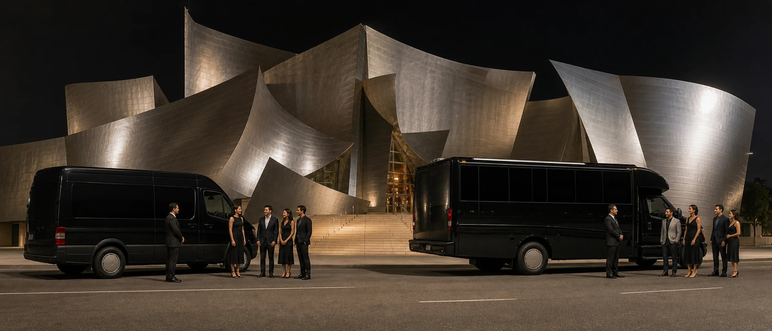 Eight event guests and two chauffeurs gather beside a black van and mini-coach at Walt Disney Concert Hall.