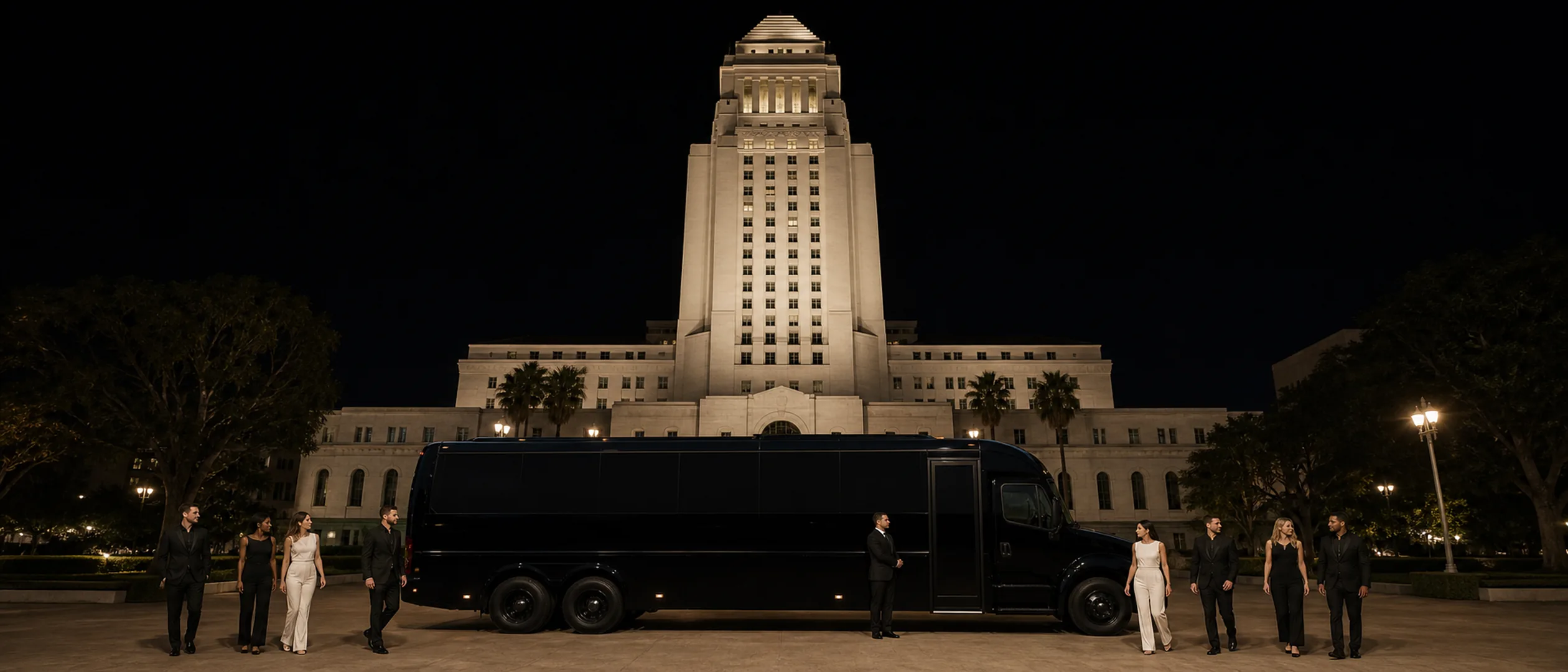 Eight adults meet a chauffeur beside a black motorcoach near Los Angeles City Hall.