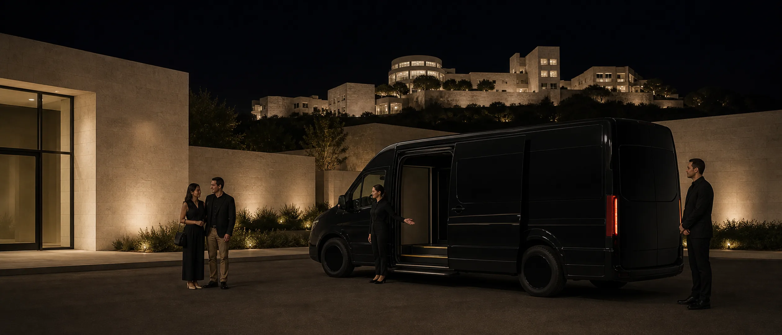 A passenger and companion meet a chauffeur beside a black SUV at a quiet Los Angeles medical pavilion.