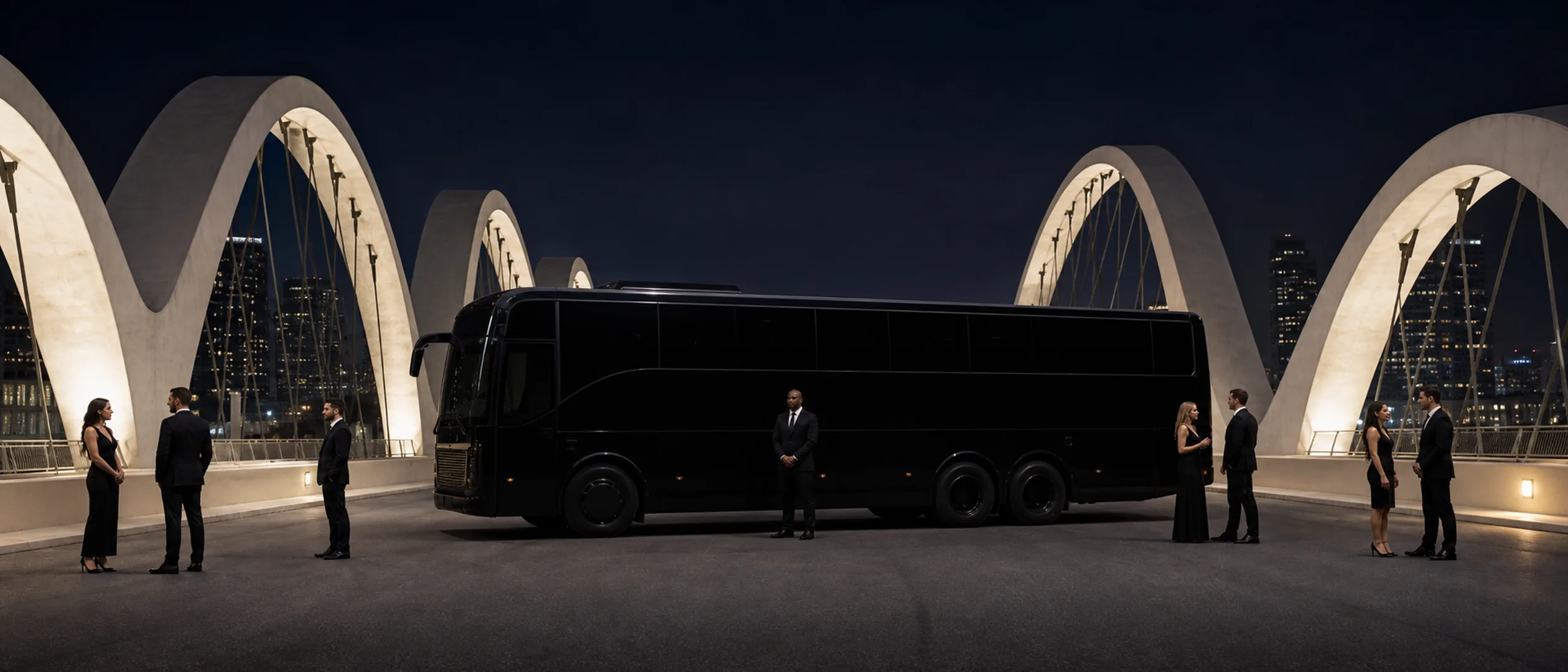 Eight travelers meet a chauffeur beside a black motorcoach near the Sixth Street Viaduct in Los Angeles.