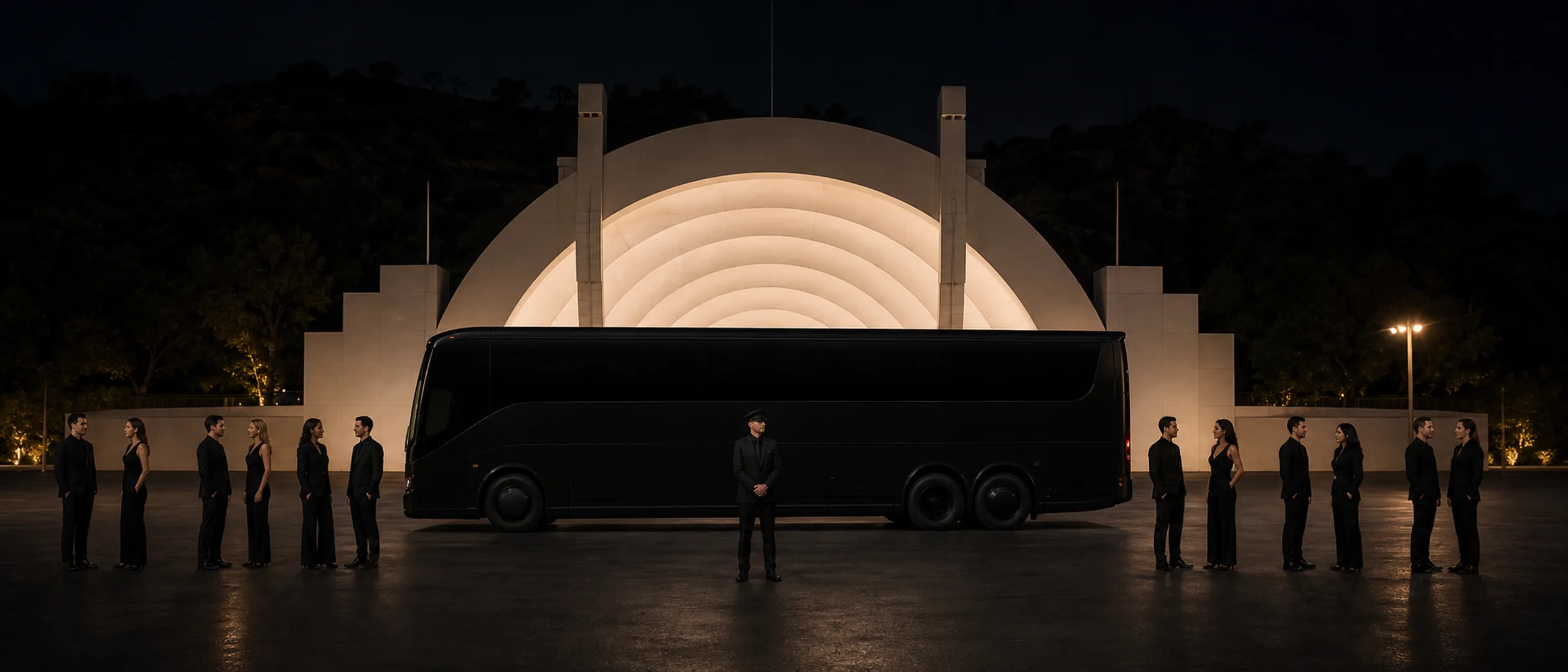 Eight adult athletes meet a coordinator and chauffeur beside a black motorcoach at the Hollywood Bowl.