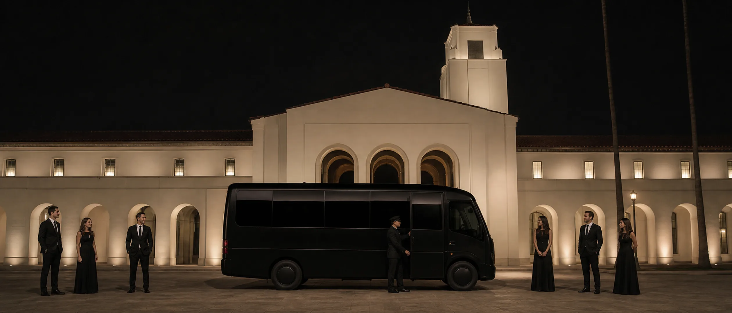 Six wedding guests meet a chauffeur beside a black mini-coach at Los Angeles Union Station.
